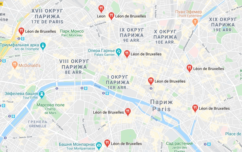 Рестораны сети Leon De Bruxelles на карте Расположение Leon De Bruxelles