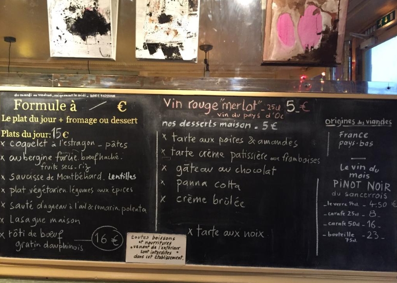 Доска с ценами в Le verre à pied Доска в Le verre à pied
